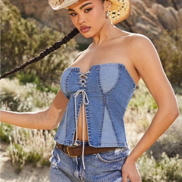 Haute Colorblock Lace Up Tube Denim Top - Picture 5 of 5